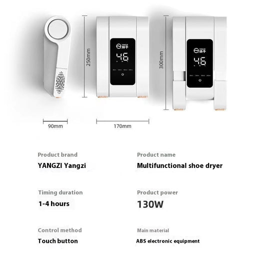 White household shoe dryer with retractable arms, digital display, and control knob, on a light wood floor. - Image 4