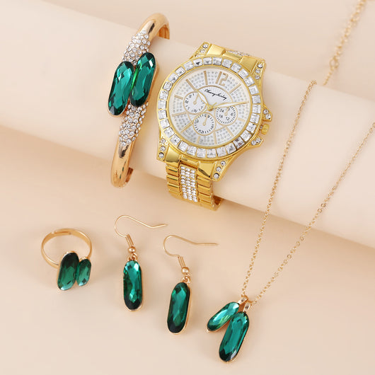 Conjunto de Accesorios en Acero Verde: Reloj, Anillo, Collar y Aretes de Cuarzo - Image 53