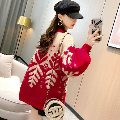 Cardigan Tejido Cuello V Mujer Navideño Copo de Nieve Holgado Estilo Coreano - Image 4