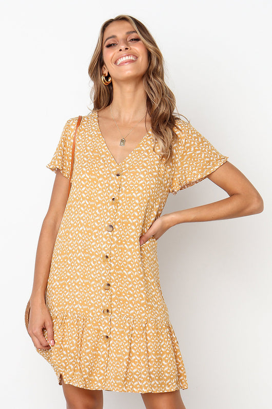 Vestido Estampado con Escote V y Botones de Manga Corta - Image 9