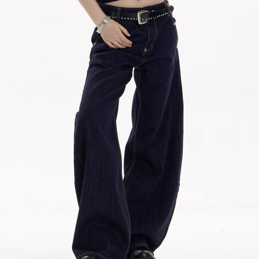 Pantalones Jeans Azul Oscuro Retro Corte Recto Ancho Casual