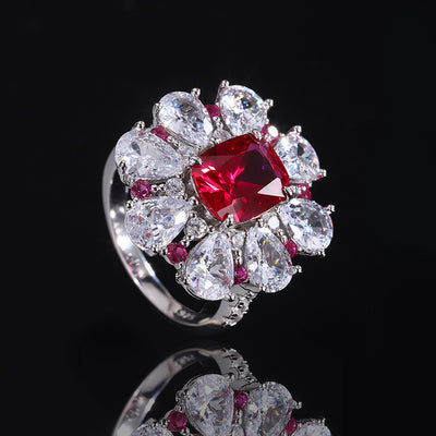 Conjunto de Joyas Plata 925 Flor Tesoro Rojo Paloma - Anillo, Aretes y Pendiente - Image 21