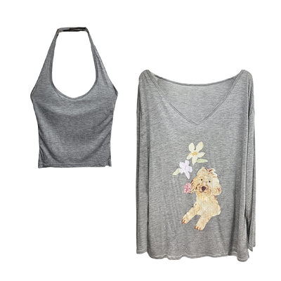 Conjunto de Dos Piezas Estampado Cachorros con Protección Solar - Top Halter y Tirantes Finos - Image 6