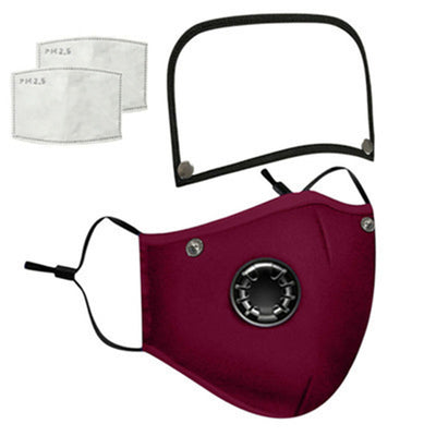 Gray cotton face mask with a breathing valve, adjustable ear loops, and a detachable clear face shield. Includes two PM2.5 filters. - Image 7