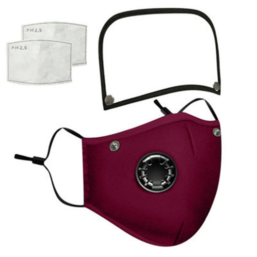 Gray cotton face mask with a breathing valve, adjustable ear loops, and a detachable clear face shield. Includes two PM2.5 filters. - Image 7