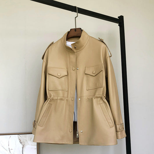 Abrigo Trench de Cuero Gamuza con Cintura Ajustada