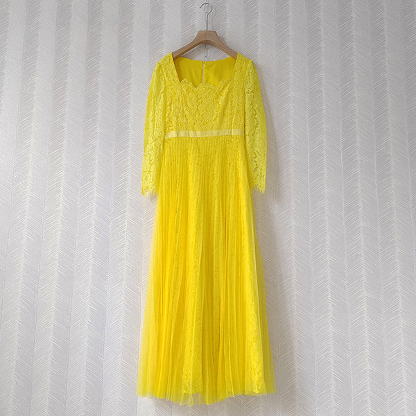 Vestido Retro Elegante con Encaje y Cuello Cuadrado para Fiestas