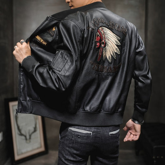 Chaqueta de Motociclista en Cuero PU con Cuello Béisbol y Bordados - Image 4