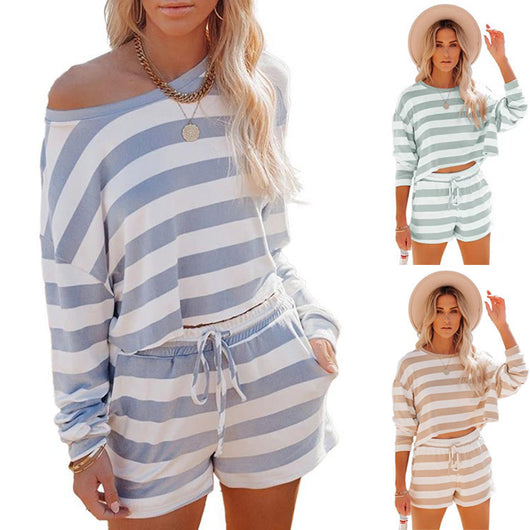 Conjunto Casual de Dos Piezas: Top Manga Larga y Shorts a Rayas