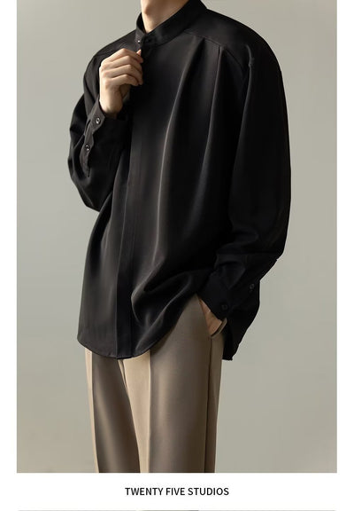 Camisa Casual Holgada de Manga Larga con Cuello Alzado para Hombre - Image 15