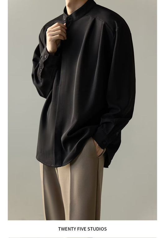 Camisa Casual Holgada de Manga Larga con Cuello Alzado para Hombre - Image 15