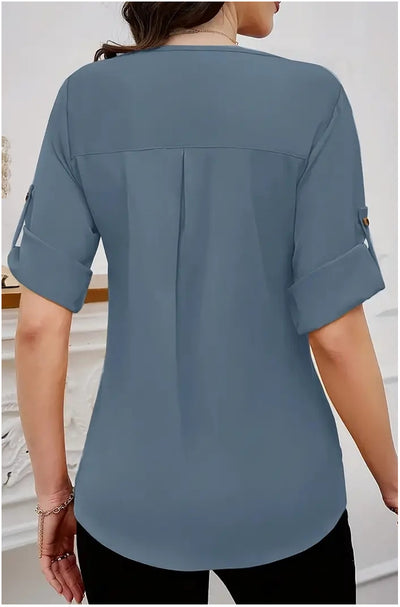 Camisa de Trabajo Versátil Cuello Redondo Manga Enrollable - Image 14