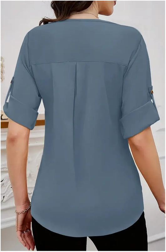 Camisa de Trabajo Versátil Cuello Redondo Manga Enrollable - Image 14