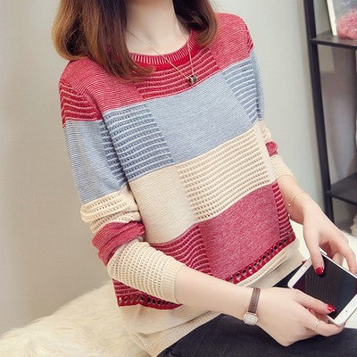 Blusa Suelta de Rayas Coreana con Combinación de Colores y Mangas Largas