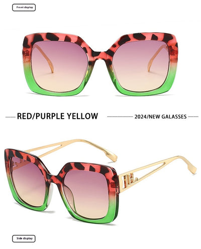 Women's square fashion sunglasses with red and green gradient tortoise shell frames and gradient purple-to-yellow lenses. - Image 15