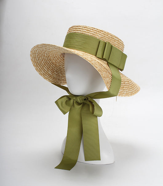 Sombrero de Paja para Mujer con Lazo Verde - Diseño Plano Elegante - Image 2