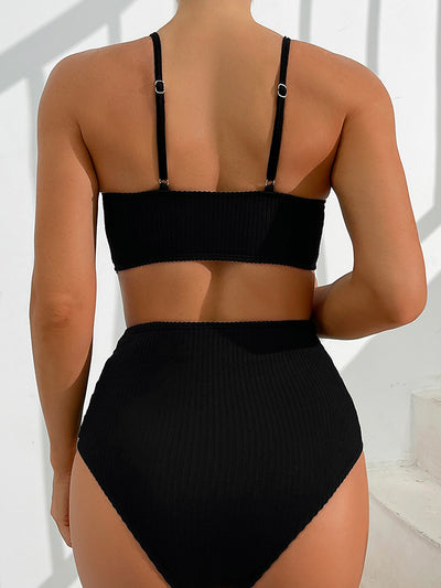 Black ribbed two-piece bikini set with a twisted front top and high-waisted V-front bottom. - Image 7