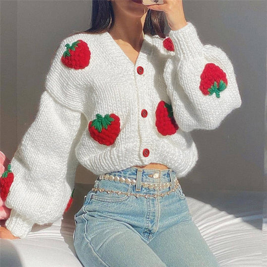 Cardigan Suelto con Fresa Cute para Mujer - Escote en V - Image 10