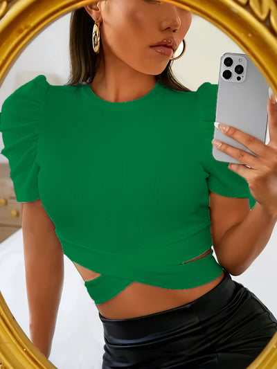 Blusa Ajustada de Manga Corta Abullonada con Cuello Redondo en Tela Acanalada - Image 14