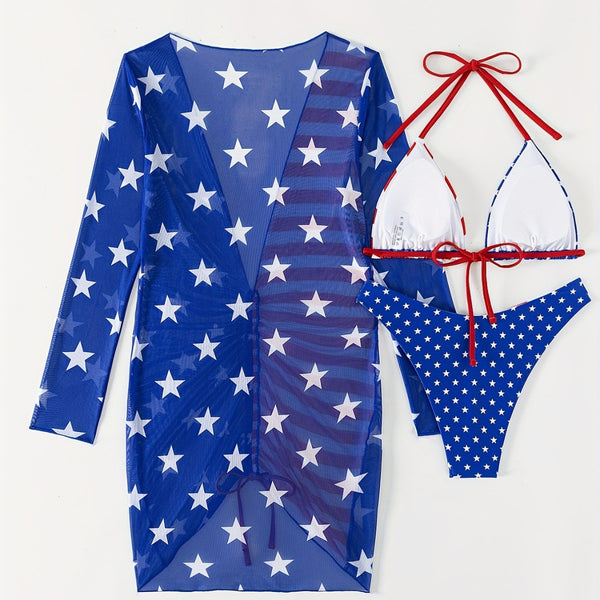Traje de Baño Tres Piezas Estampado Bandera Patriótico
