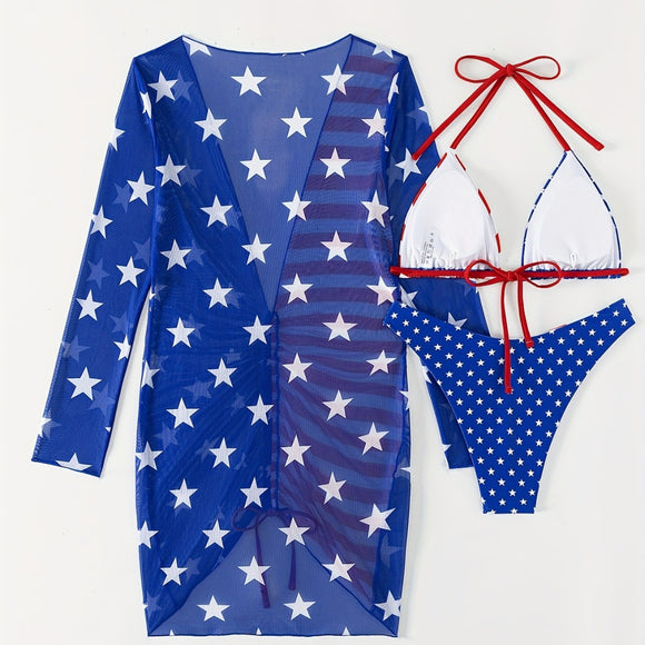 Traje de Baño Tres Piezas Estampado Bandera Patriótico