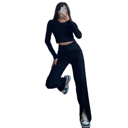 Pantalón Recto de Talle Alto Negro Suelto con Drapeado - Image 10