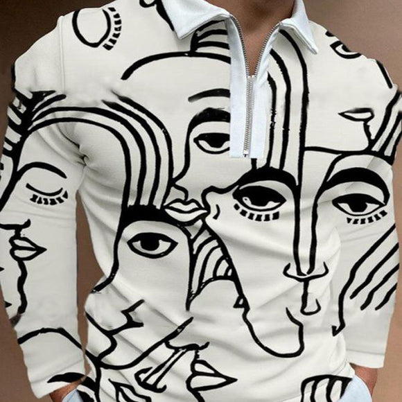 Men's Casual Polo Shirt with 3D Digital Pattern and Zipper Closure
