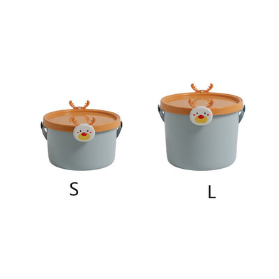 Two plastic storage buckets, one small and one large, with light blue bodies and orange lids featuring cartoon reindeer faces. - Image 17