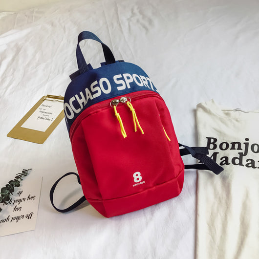 Light blue children's backpack with "TOCHASO SPORTS" text, a number 8, and yellow zipper pulls. - Image 10