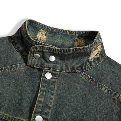 Chaqueta Denim con Cuello Alto y Detalles Rotos - Image 3