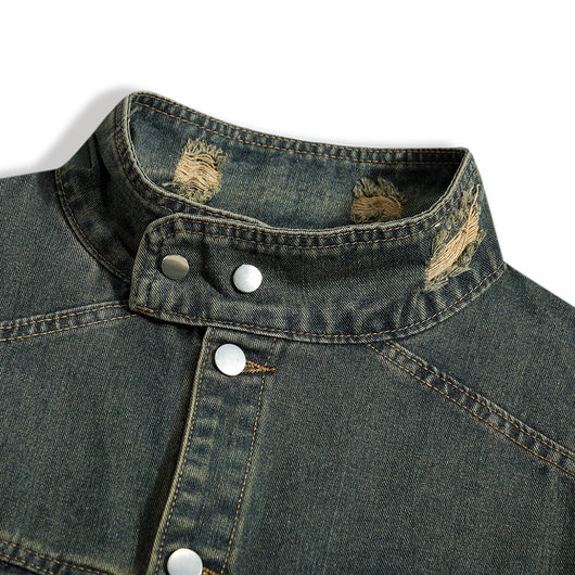 Chaqueta Denim con Cuello Alto y Detalles Rotos - Image 3
