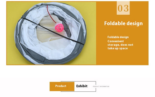 White cat tunnel with dark grey trim, featuring a red and pink hanging toy, measuring 25cm by 50cm. - Image 19