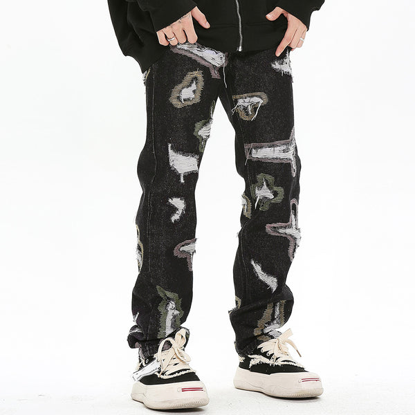 Jeans Rotos con Bordados y Contraste de Colores Estilo Americano