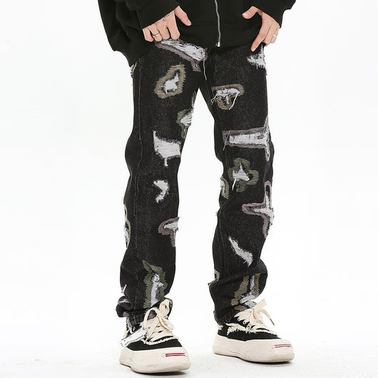 Jeans Rotos con Bordados y Contraste de Colores Estilo Americano
