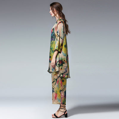 Traje Suelto de Seda Satinada Estampada con Cuello Redondo - Image 12