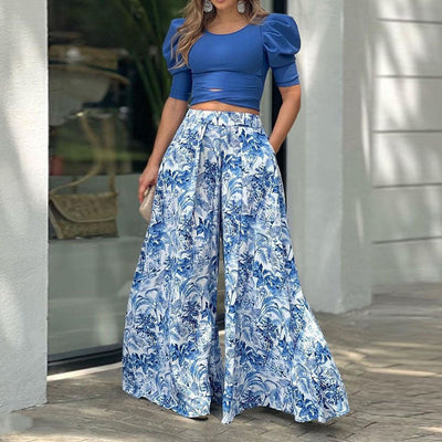 Conjunto Elegante: Blusa Manga Abullonada con Pantalón Ancho Estampado - Image 8
