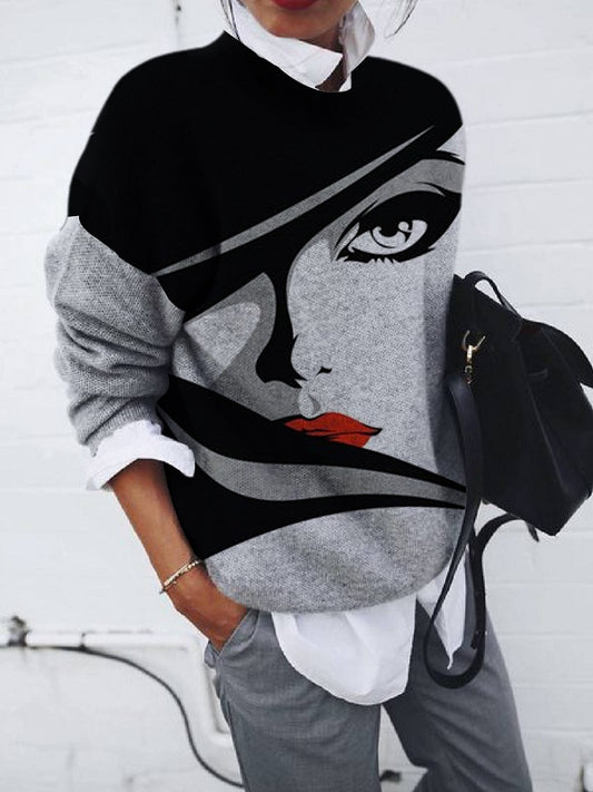 Blusa Suelta Estampado Retrato Manga Larga para Mujer