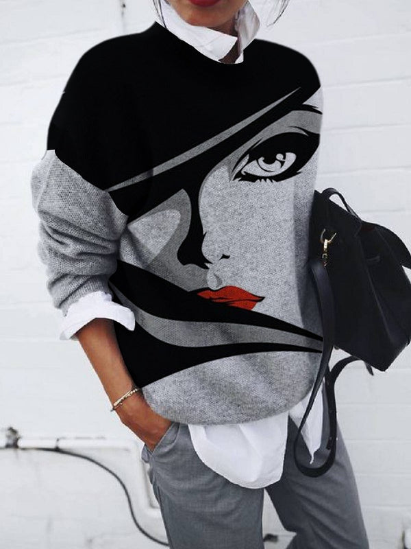 Blusa Suelta Estampado Retrato Manga Larga para Mujer
