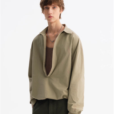 Blusa Holgada Verde Ocio con Escote en V y Puño Elástico