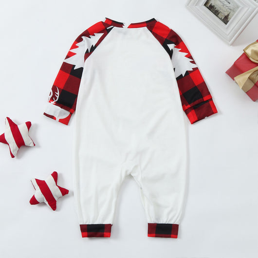 Family matching Christmas pajamas with red and black buffalo plaid, white reindeer, and Christmas tree prints. - Image 13