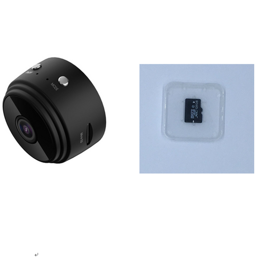 White A9 WIFI wireless network camera with a black lens, shown next to a black 32GB microSD card. - Image 16
