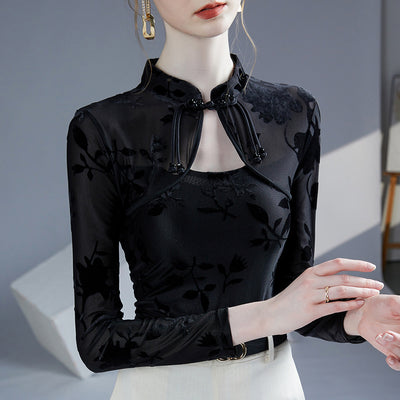 Blusa Base Layer Qipao Ajustada con Cuello Mao y Jacquard - Image 4
