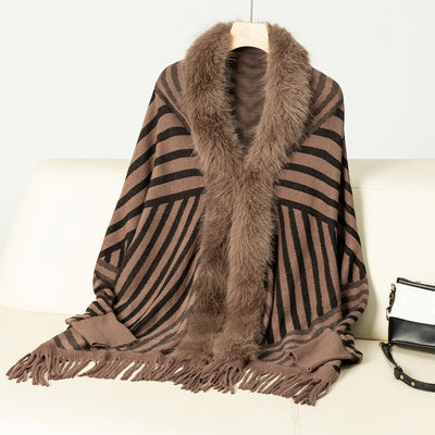 Poncho Tejido de Rayas Otoño Invierno con Flecos Elegante - Image 7
