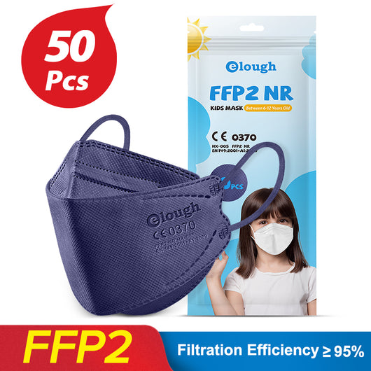 Black FFP2 kids mask with ear loops, shown next to its packaging for a 10-piece pack. - Image 24