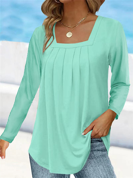 Blusa Plisada Cuello Cuadrado Manga Larga Talla Grande Algodón Imitación - Image 8