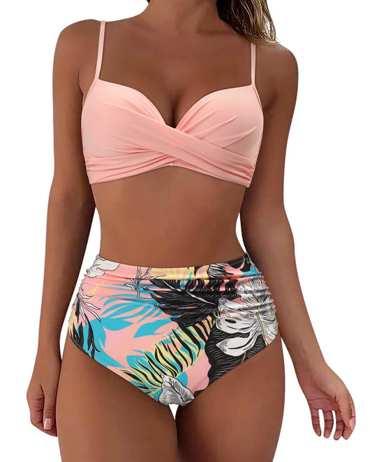 Olive green high-waisted bikini with a ruched wrap-front top and ruched high-waist bottom. - Image 6