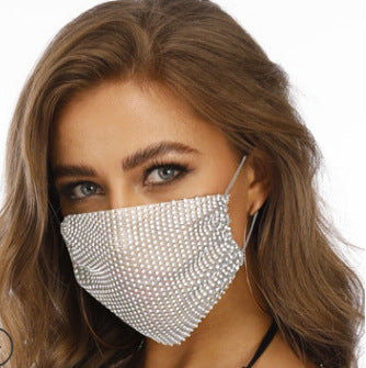 Black fishnet-shaped face mask with star pattern and clear rhinestones, worn by a woman with light brown hair. - Image 5