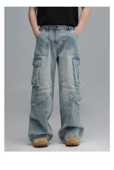 Pantalones Vaqueros de Trabajo Multibolsillos Lavados - Corte Ancho Casual para Hombre - Image 12