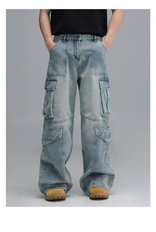 Pantalones Vaqueros de Trabajo Multibolsillos Lavados - Corte Ancho Casual para Hombre - Image 12