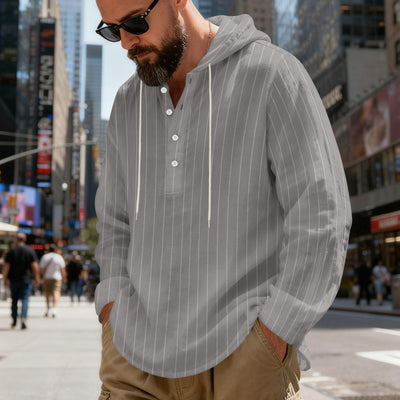 Camisa Lino Holgada Talla Grande Hombre a Rayas con Capucha - Image 11